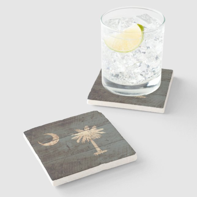 South Carolina State Flag on Old Wood Grain Stone Coaster (Side)