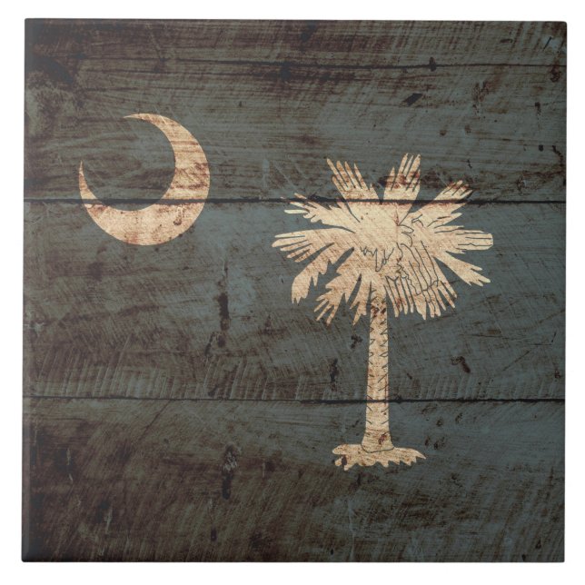 South Carolina State Flag on Old Wood Grain Tile (Front)