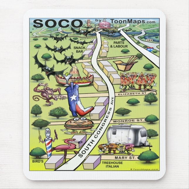 South Congress Ave ATX Cartoon Map Mouse Mat (Front)