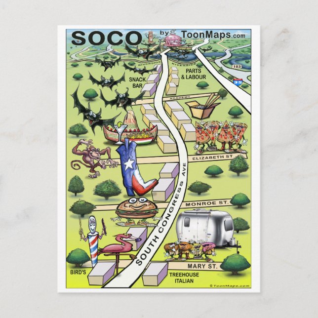 South Congress Ave ATX Cartoon Map Postcard (Front)
