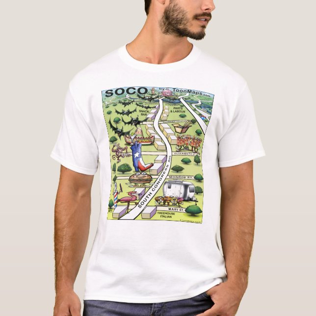 South Congress Ave ATX Cartoon Map T-Shirt (Front)