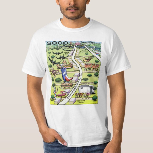 South Congress Ave ATX Cartoon Map T-Shirt (Front)
