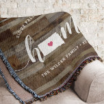 South Dakota Home State Personalised Wood Look Throw Blanket<br><div class="desc">Show some home state pride with this cute rustic faux wood plank throw blanket featuring "home" in white calligraphy script lettering with a silhouette map of the state of South Dakota standing in for the letter "O." A pink heart illustration inside the state map completes the design; you can change...</div>