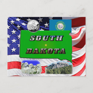 South Dakota Map, Photo Text, Faux Quarter & Flag Postcard