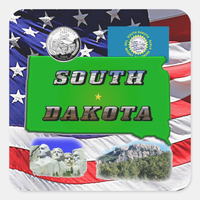 South Dakota Map, Photo Text, Faux Quarter & Flag Square Sticker (Front)