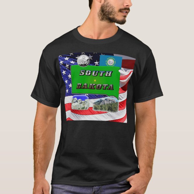 South Dakota Map, Photo Text, Faux Quarter & Flag T-Shirt (Front)