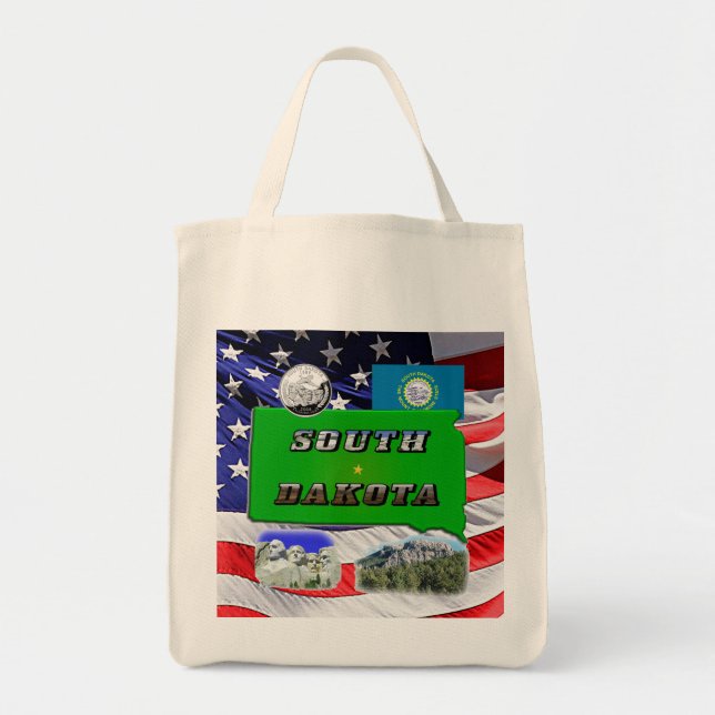 South Dakota Map, Photo Text, Faux Quarter Tote Bag (Front)