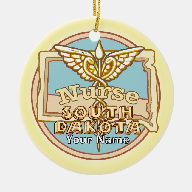 South Dakota Nurse Caduceus  Ceramic Tree Decoration (Front)