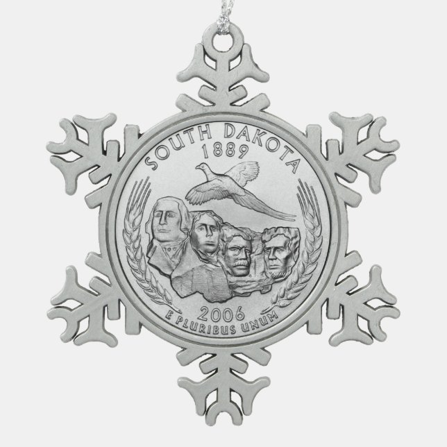 South Dakota State Quarter Snowflake Pewter Christmas Ornament (Front)