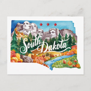 South Dakota USA State Shaped Vintage Watercolor Postcard