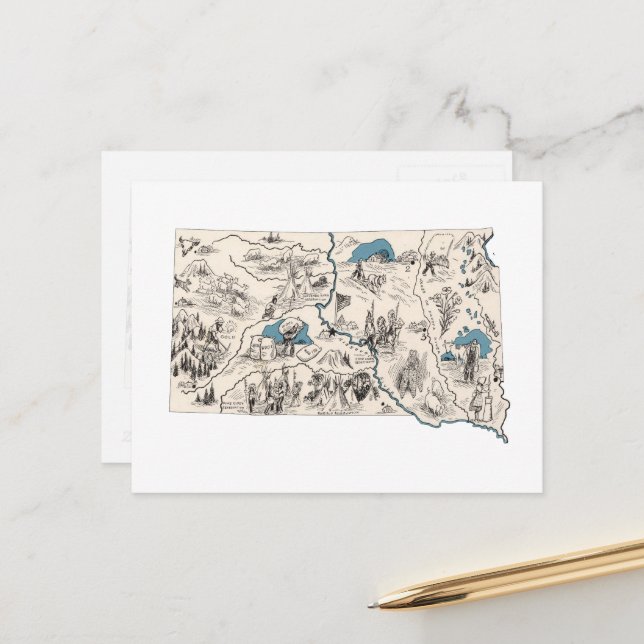 South Dakota Vintage Picture Map Antique Chart Postcard (Front/Back In Situ)