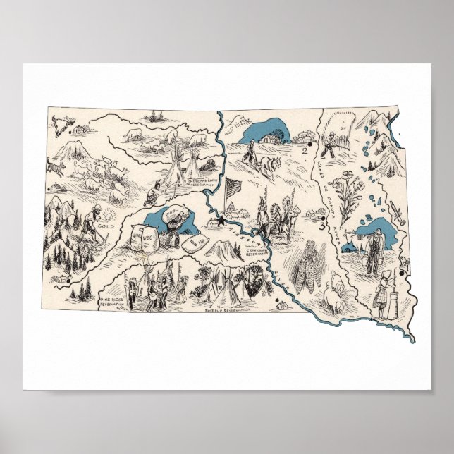 South Dakota Vintage Picture Map Poster (Front)