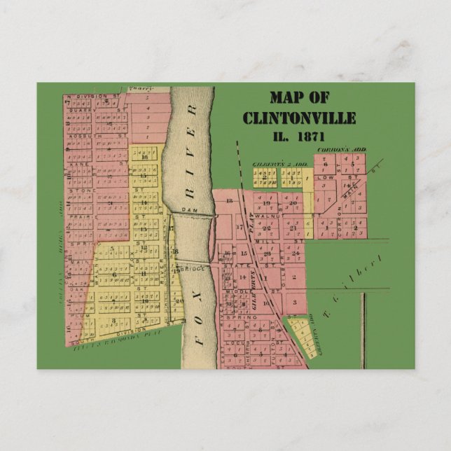 South Elgin Illinois Clintonville Map Art 1871 Postcard (Front)