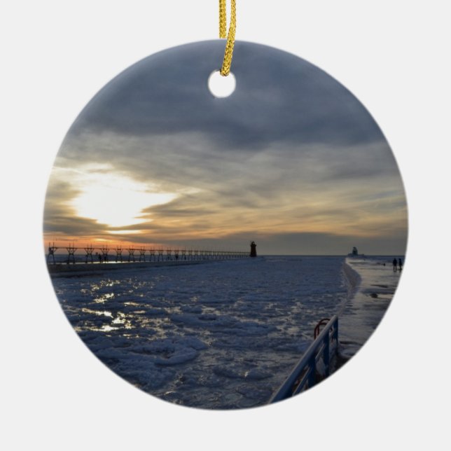 South Haven Lighthouse Sunset Ceramic Tree Decoration (Front)