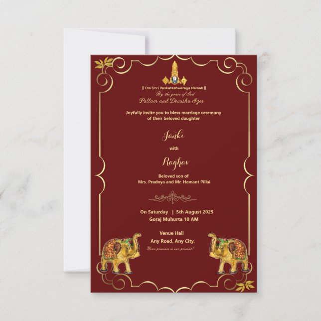  south indian red elephant wedding invitation (Front)
