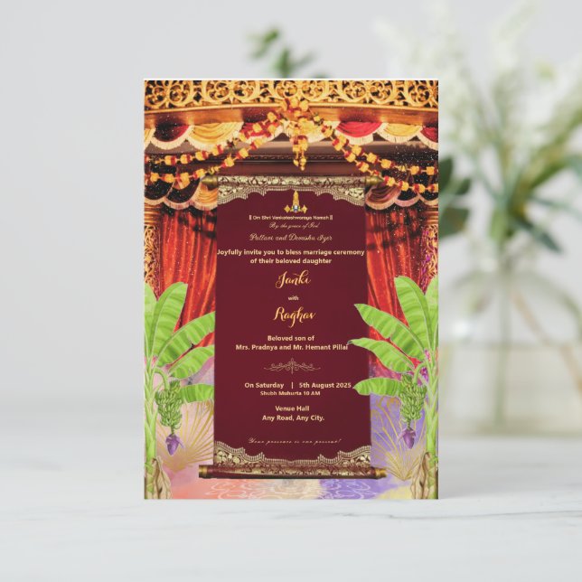 south indian scroll design wedding invitation (Standing Front)