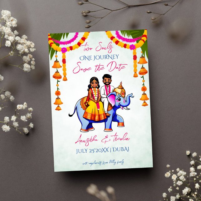 South Indian wedding cute unique save the date  Invitation (South Indian Tamil wedding unique save the date cute bridal couple riding elephant cartoon marigolds)