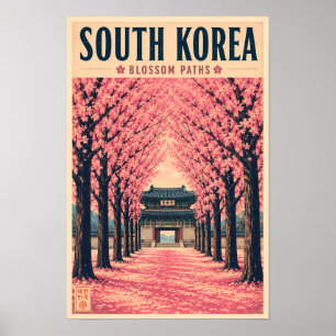 South Korea Cherry Blossom Illustration Travel Art Poster