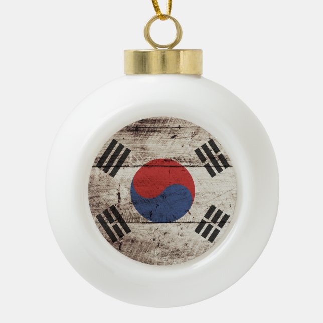 South Korea Flag on Old Wood Grain Ceramic Ball Christmas Ornament (Front)