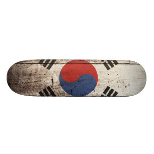 South Korea Flag on Old Wood Grain Skateboard
