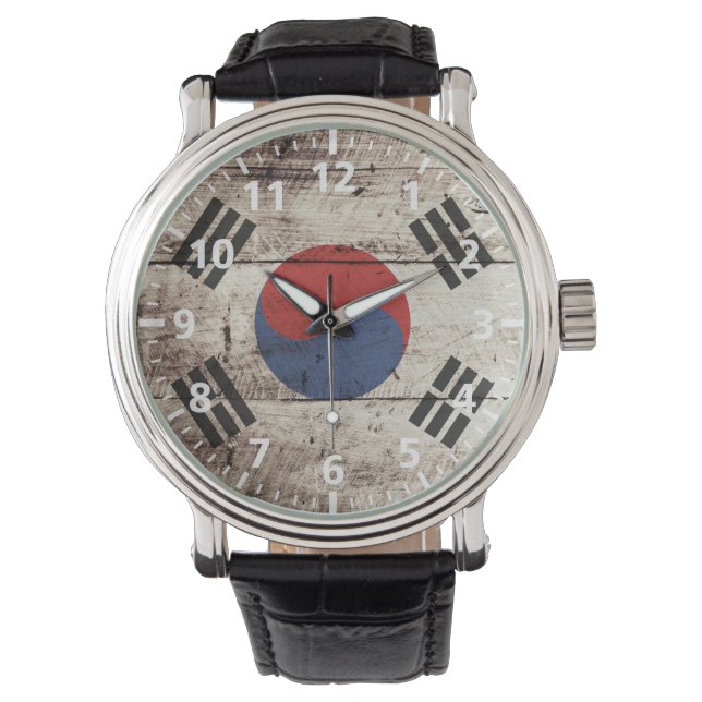 South Korea Flag on Old Wood Grain Watch (Front)