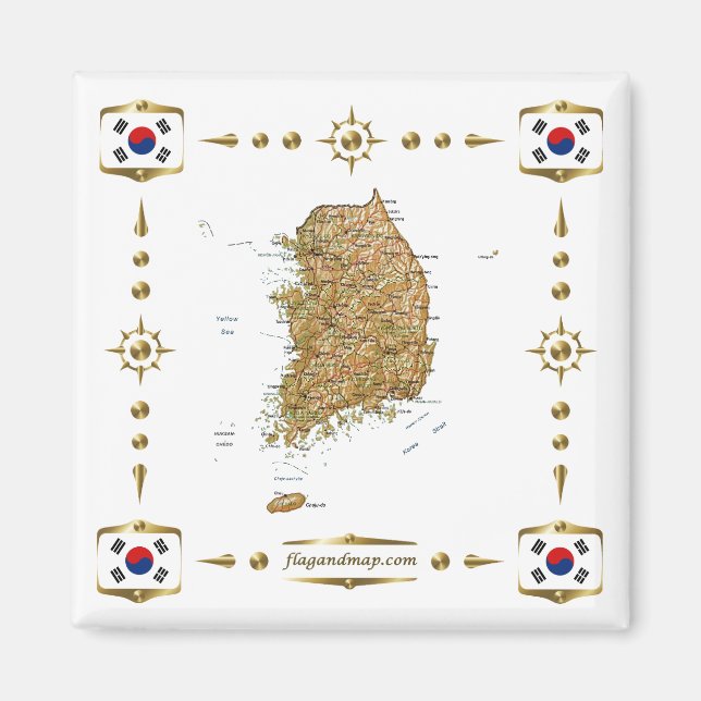 South Korea Map + Flags Magnet (Front)
