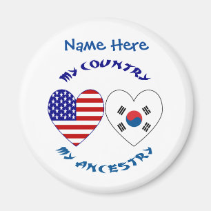 South Korea USA Heart Country Ancestry Personalise Magnet