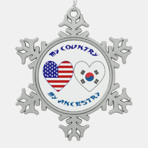 South Korea USA Heart Flag Heritage Snowflake Pewter Christmas Ornament