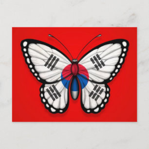 South Korean Butterfly Flag on Red Postcard