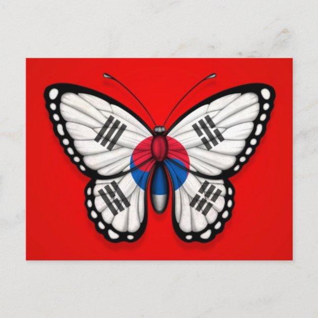 South Korean Butterfly Flag on Red Postcard (Front)