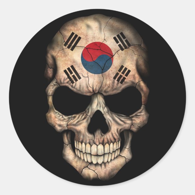 South Korean Flag Skull on Black Classic Round Sticker (Front)