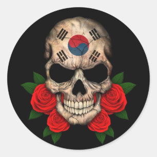 South Korean Flag Skull with Red Roses Classic Round Sticker