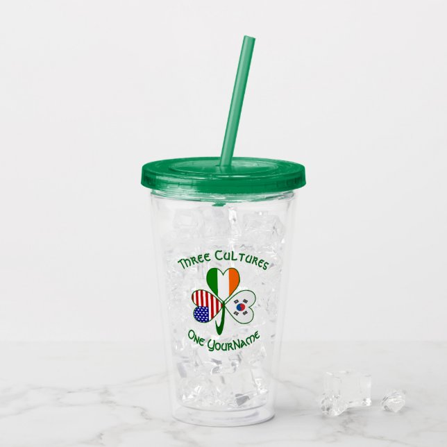 South Korean Irish American Flag Shamrock Personal Acrylic Tumbler (Back Ice)