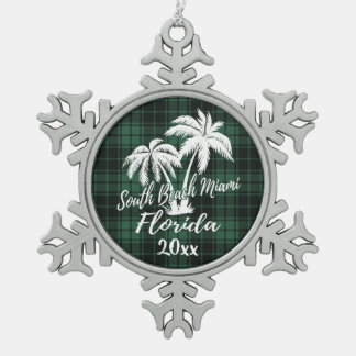 South Miami Beach Florida Palm Green Plaid Snowflake Pewter Christmas Ornament