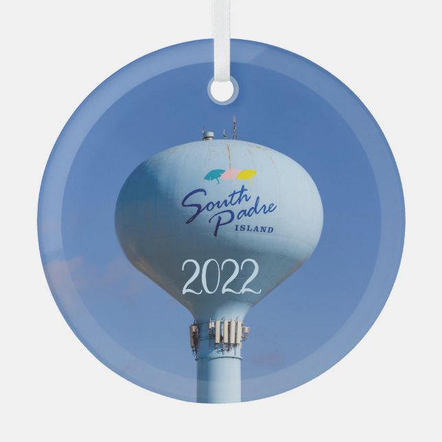 South Padre Island Water Tower Glass Tree Decoration (Front)