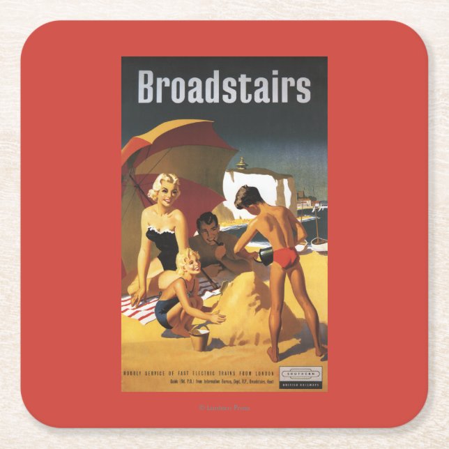 Southern British Railways Family on Beach Square Paper Coaster (Front)