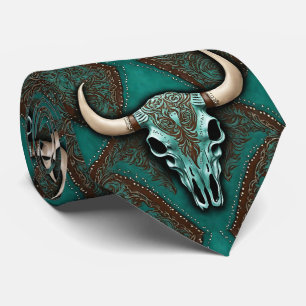 Southern Brown Teal Western Country Bull Skull Tie