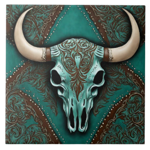 Southern Brown Teal Western Country Bull Skull Tile