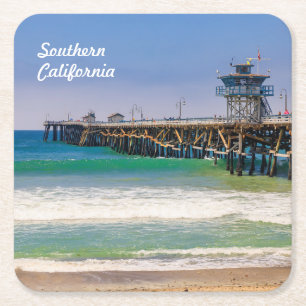Southern California beach and pier in San Clemente Square Paper Coaster