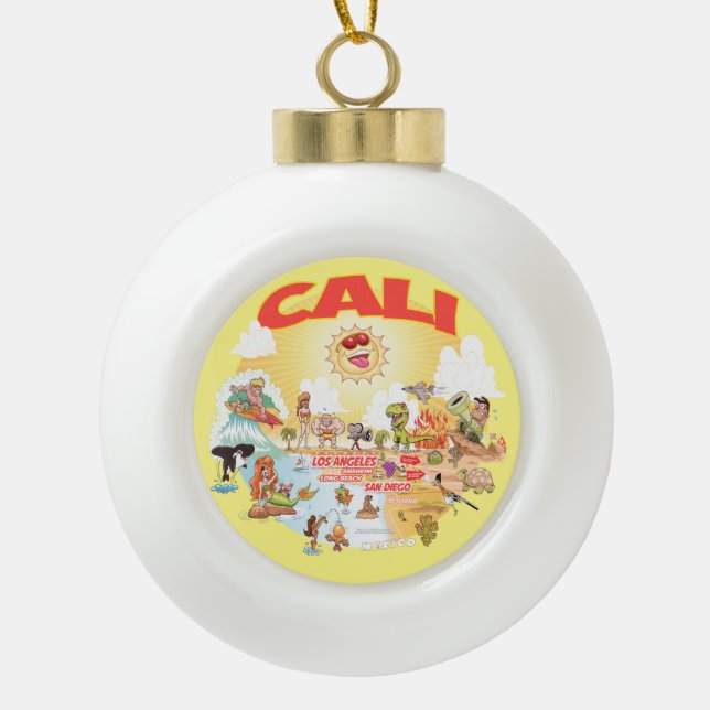 Southern California Cartoon Ceramic Ball Christmas Ornament (Front)