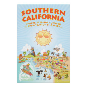 Southern California Cartoon Map Poster