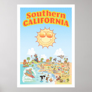 Southern California Cartoon Map Poster