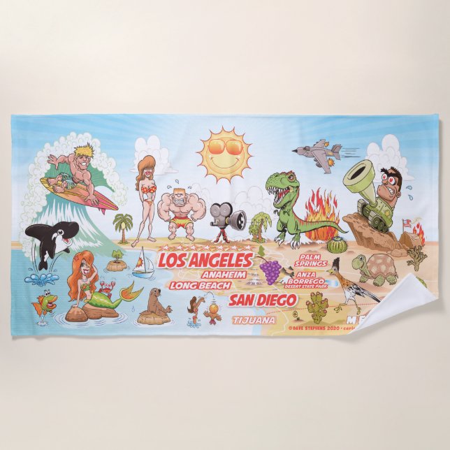 Southern California Cartoon Paradise Beach Blanket (Front)
