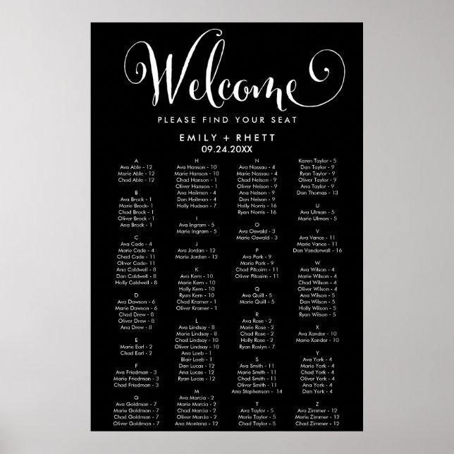 Southern Calligraphy Black Alphabetical Seating Poster (Front)