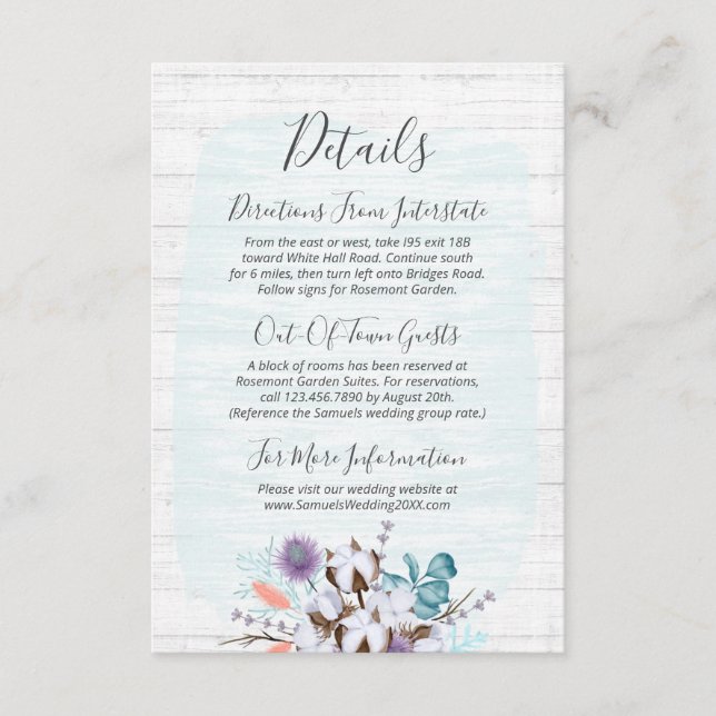 Southern Cotton Floral Wedding Detail / Directions Enclosure Card (Front)