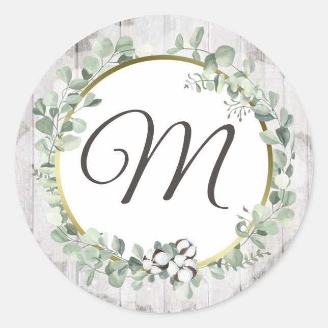 Southern Cotton Rustic Wood Wedding Custom Initial Classic Round Sticker (Front)