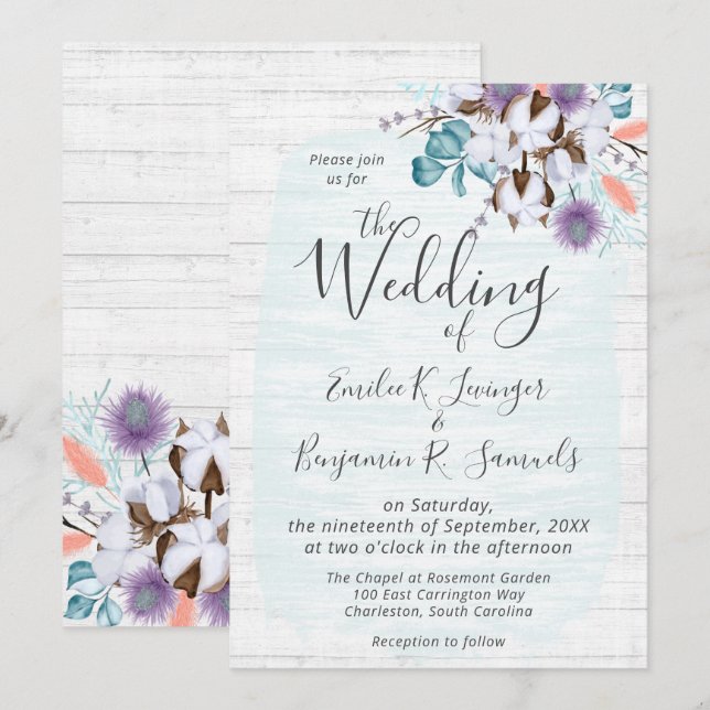 Southern Country Cotton Boll Botanical Rustic Wood Invitation (Front/Back)