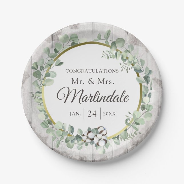 Southern Country Cotton Boll Botanical Rustic Wood Paper Plate (Front)