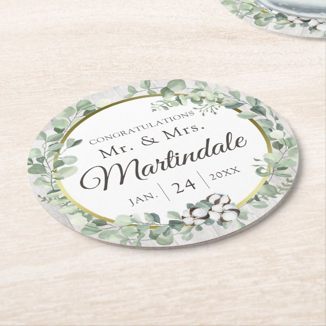 Southern Country Cotton Boll Botanical Rustic Wood Round Paper Coaster (Angled)