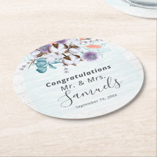 Southern Country Cotton Boll Botanical Rustic Wood Round Paper Coaster